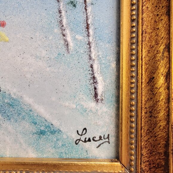 Winter Ski Scene Enamel on Copper Artwork By Jean Lucey, Framed & Signed, 7"x6" - Picture 4 of 16